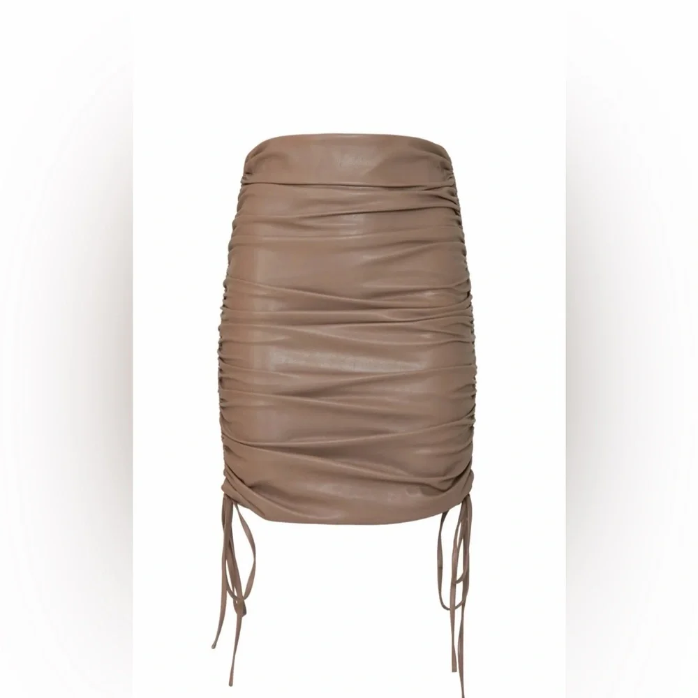 Lapointe Womens‎ Taupe Faux Leather Ruched Mini Skirt Adjustable Side Drawstring